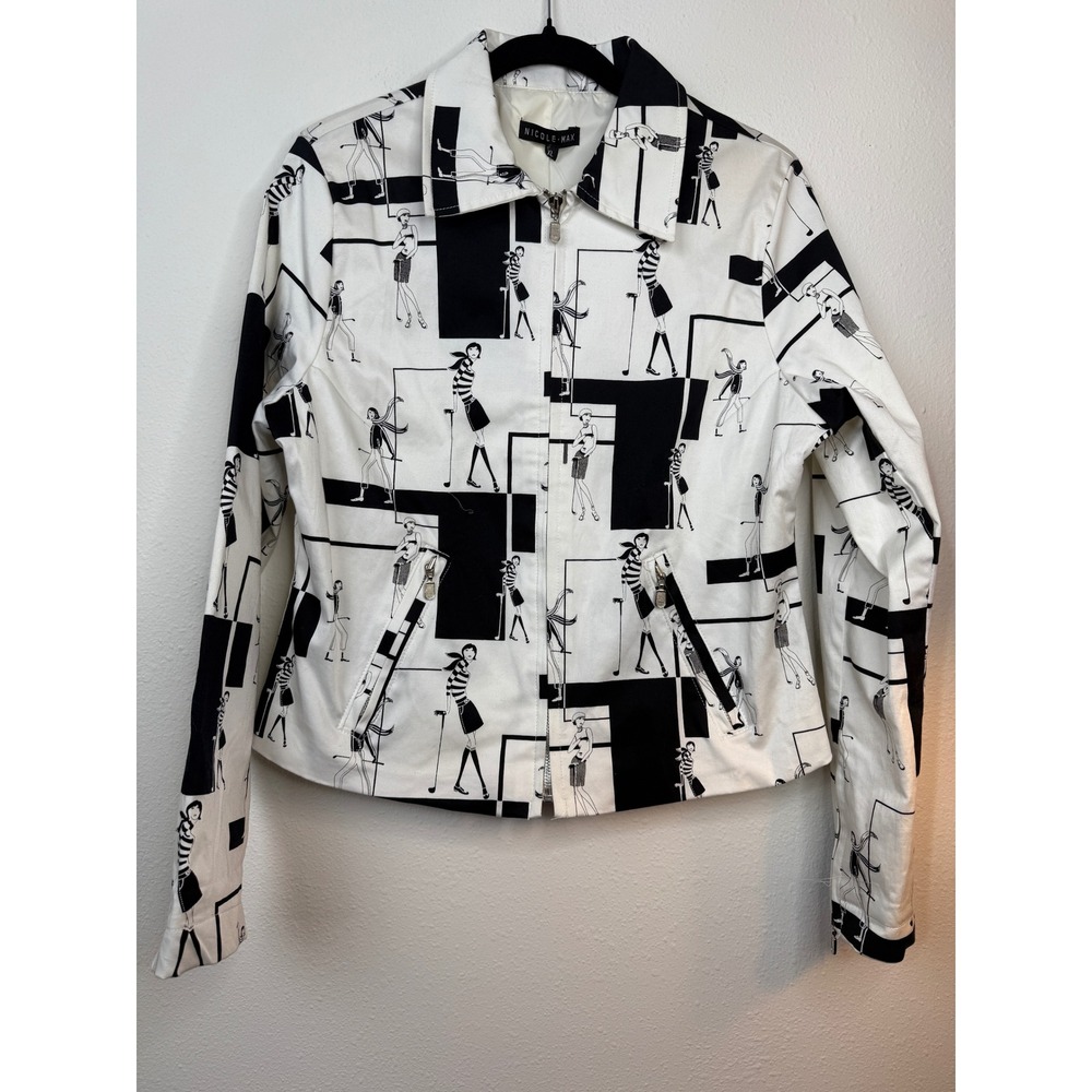 Nicole Max XL Black White Golf Women Fashion‎ Jacket Zip Up Size Large Casual